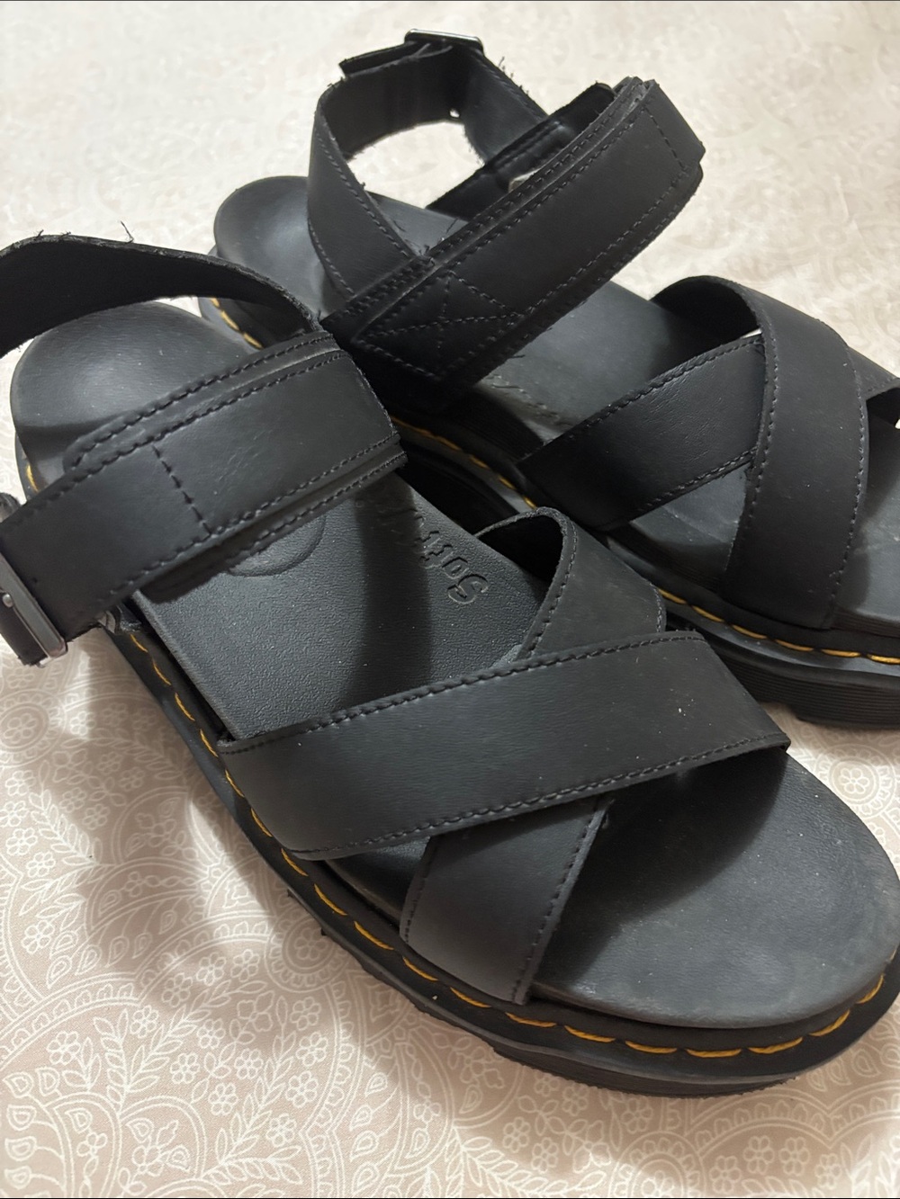 Doc Martens Black Cross-Strap Sandals with Yellow Stitching